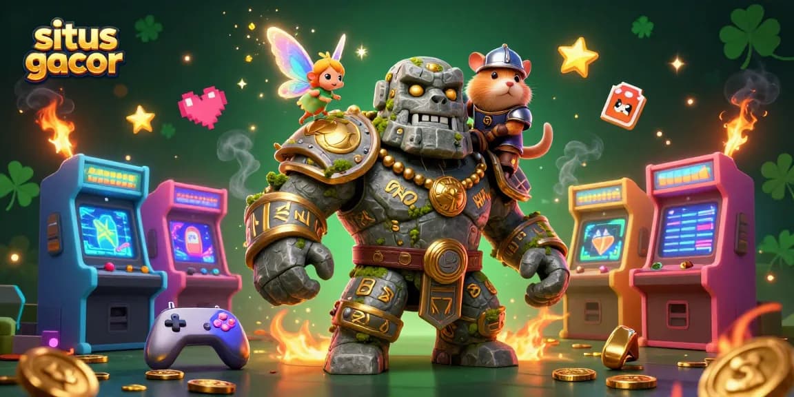 Ilustrasi situs gacor menampilkan golem batu kuno dan peri bersinar di kasino digital