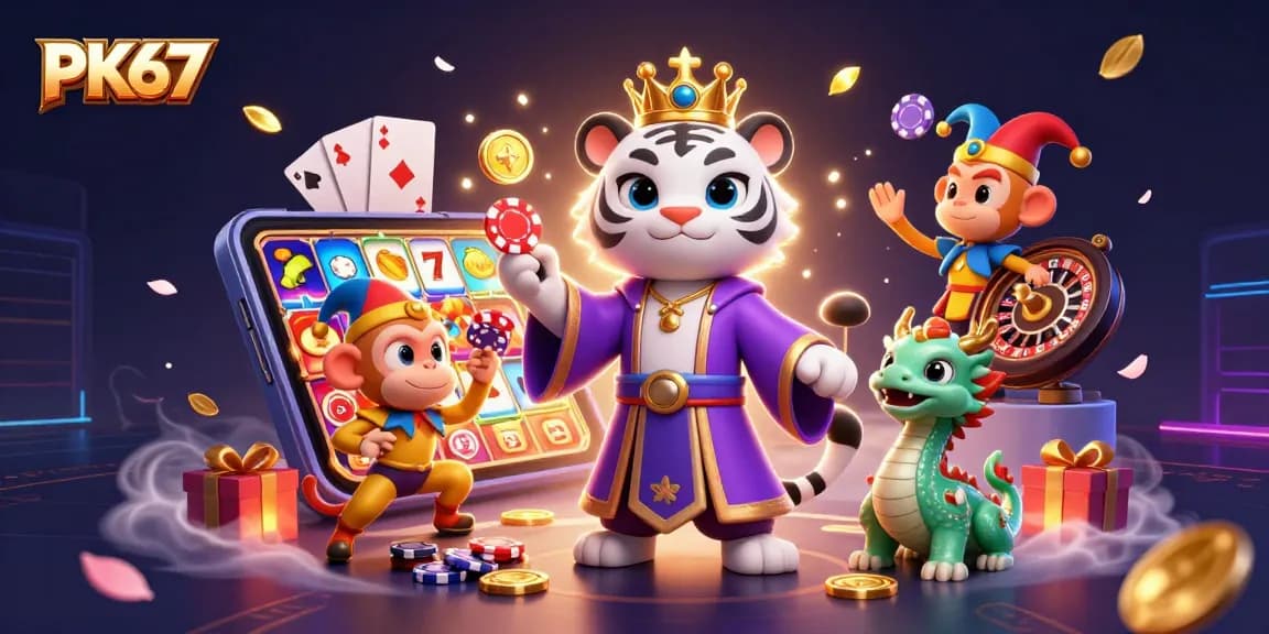 Experience the thrill of slots and more with PK67's vibrant casino illustration showcasing its lively characters.