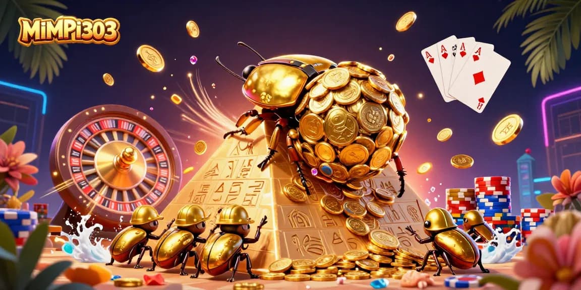 MIMPI303 brings excitement with a golden beetle and casino symbols amidst cascading coins and vibrant lights.