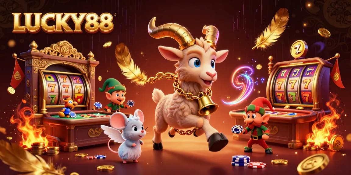 Experience the excitement of LUCKY88 slot action with festive characters in a vibrant casino setting.