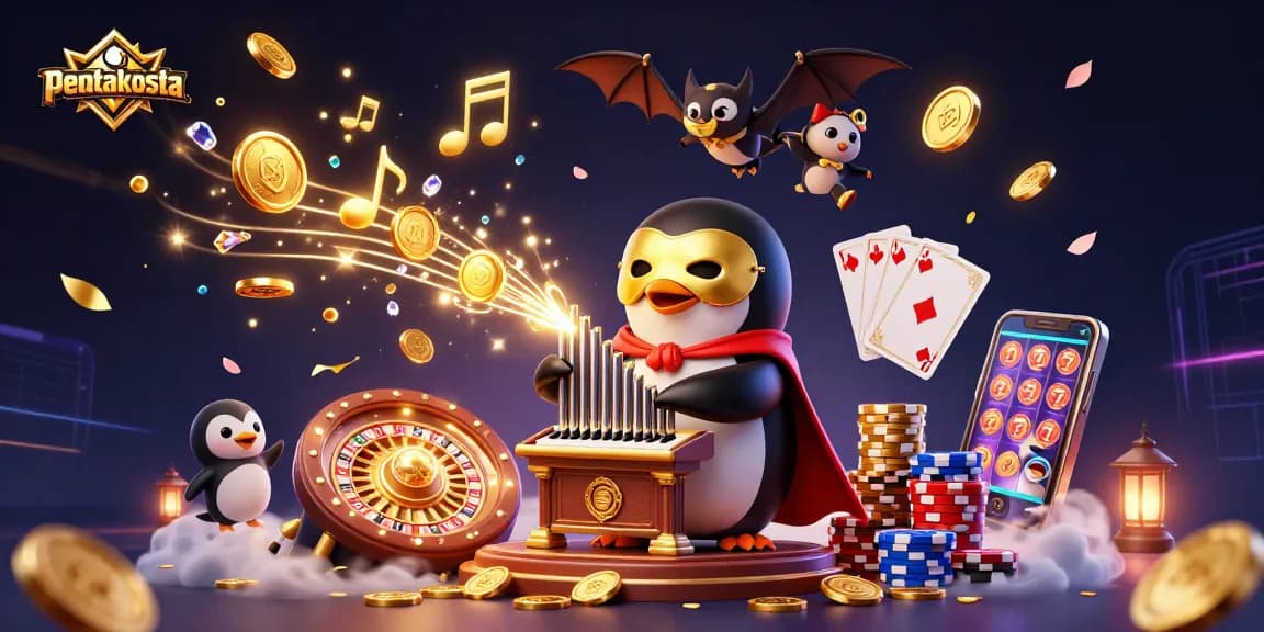 Experience pentakosta with a captivating 3D scene of a penguin playing an organ, showering coins.