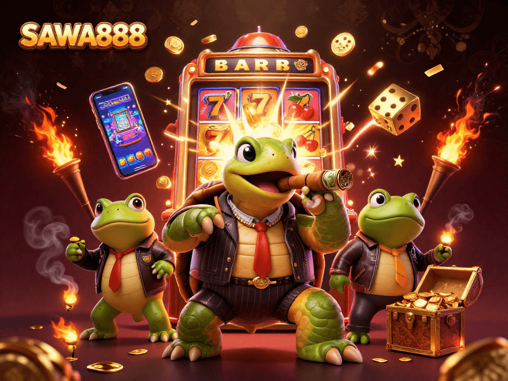 Join the excitement with SAWA888 as a massive snapping turtle and bullfrog enforcers animate the casino action!