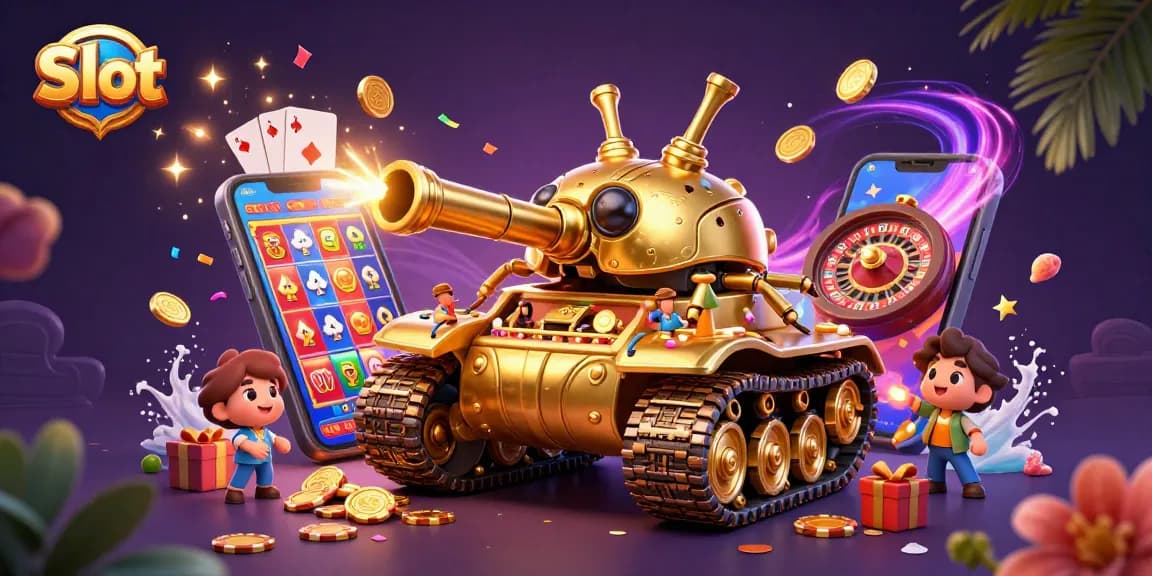 Mainkan Slot dengan tank emas raksasa dan kasino mini di dalamnya, dipenuhi koin dan kartu.