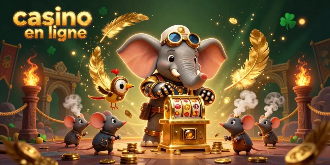 Découvrez une scène captivante de casino en ligne avec un éléphant steampunk au slot machine.