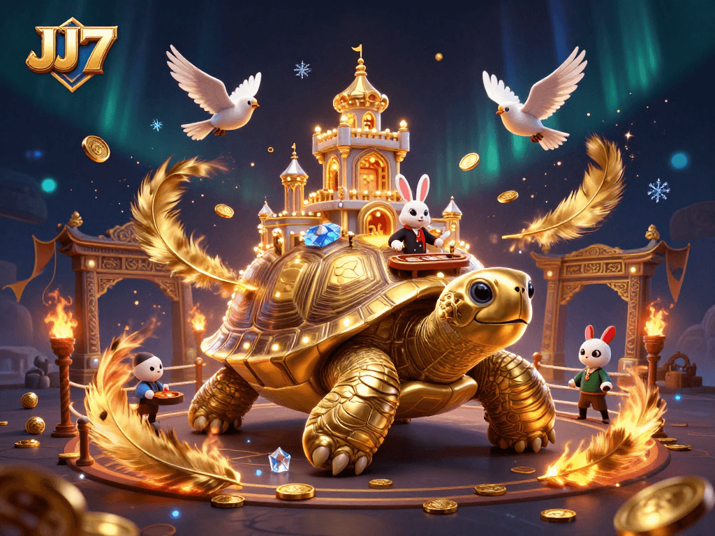 Experience the thrill of JJ77 with a vibrant 3D illustration of a casino on a golden tortoise's shell.