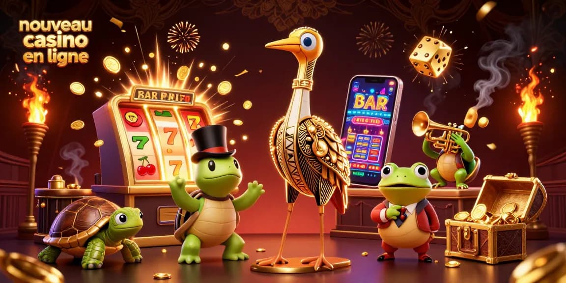 Gagnez avec nouveau casino en ligne : Une scène animée d'un casino 3D illustrant des jeux et des personnages colorés.