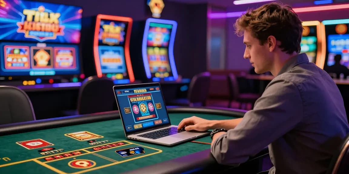 Engaged player enjoying a thrilling game at visa casinos with a Visa card on the table, colorful casino lights enhancing the excitement.
