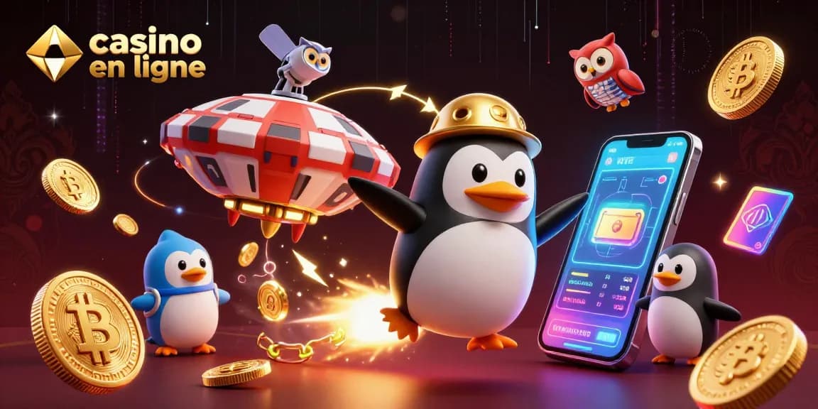 Illustration d'un casino en ligne avec un pingouin en or propulsé par une fusée voyageant à travers l'espace.
