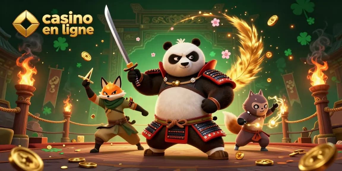 Un samouraï panda et un renard ninja illustrent l'expérience du casino en ligne entourés d'effets éblouissants.