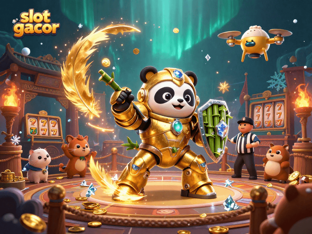 Mainkan slot gacor dengan simbol bertema emas, latar belakang kasino yang megah dan efek menarik.