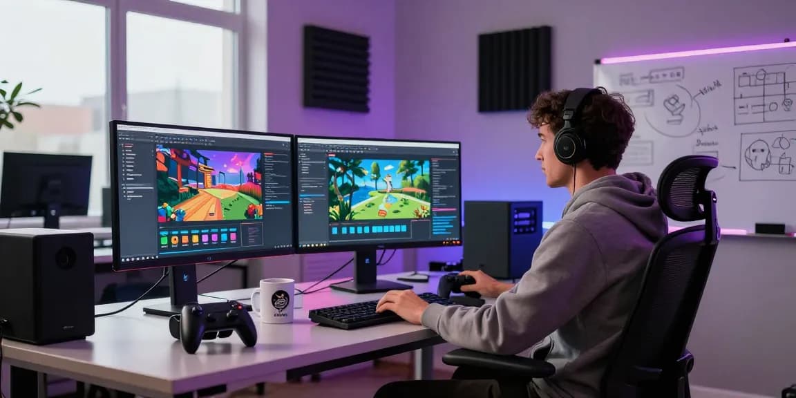 Gamer bekerja di ruang pengembangan futuristik, mendesain permainan dengan perangkat canggih sambil memprediksi permainan di layar.