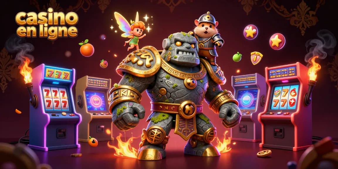 Jouez à des jeux de casino en ligne avec cette illustration dynamique de casino en ligne, mettant en scène un golem et un chevalier hamster.