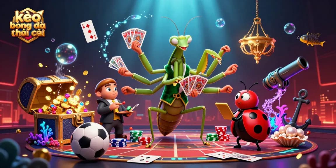 Engaging scene showcasing kèo bóng đá nhà cái with a giant mantis card sharp, ladybug pit boss, and dynamic sports betting elements.