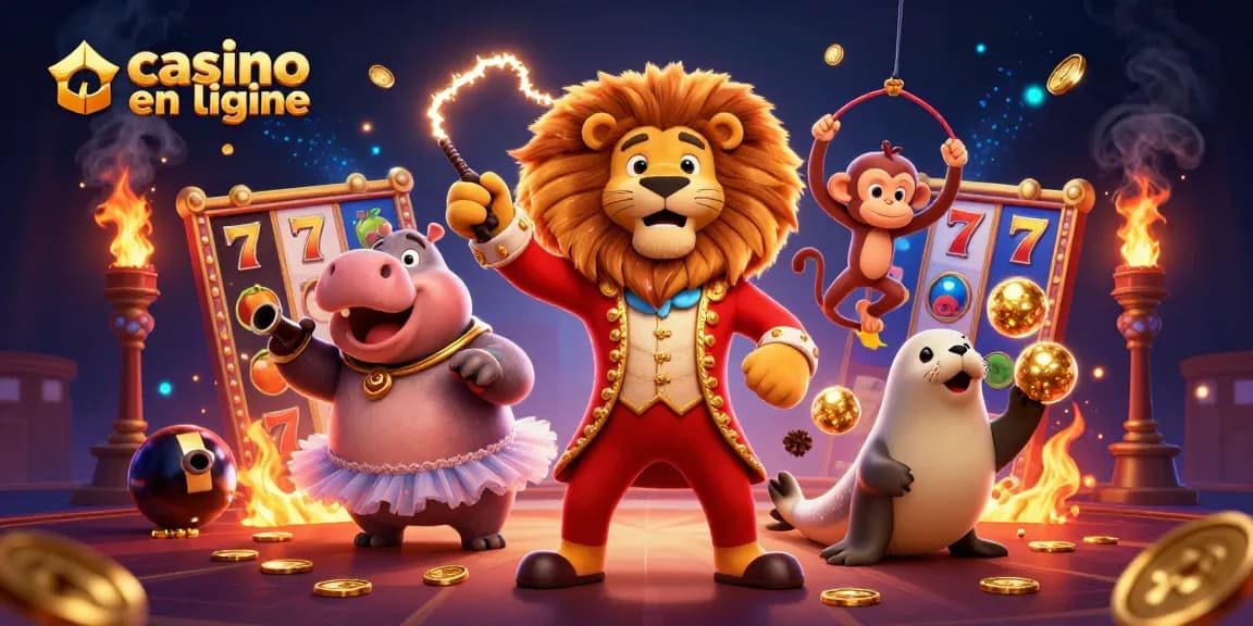Une scène dynamique de casino en ligne avec un lion maître de cérémonie, un hippopotame en tutu, et des jeux de machines à sous scintillants.