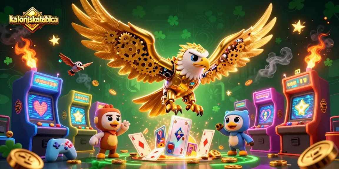Experience thrilling slots action with kalorijskatablica in a vibrant 3D casino scene featuring golden eagle and game elements.
