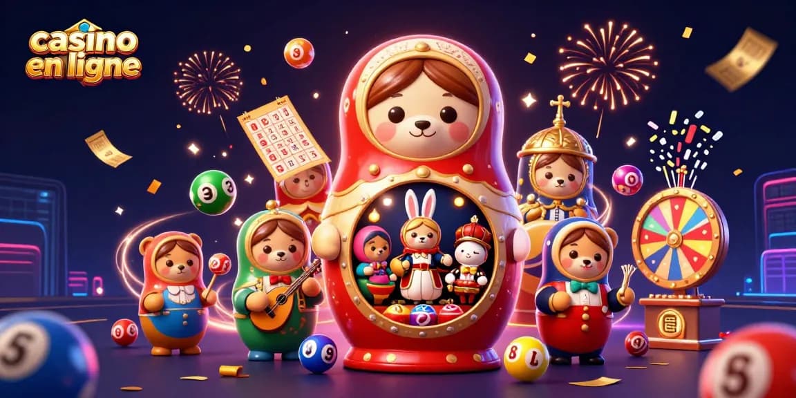 Des personnages de casino en ligne festifs et colorés entourés de bulles de loterie et de tickets dorés.