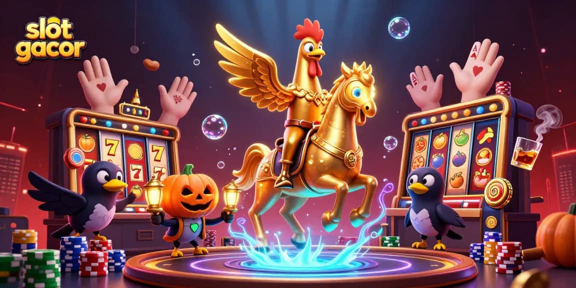 Engage with slot gacor action, showcasing a golden rooster in a midnight casino.