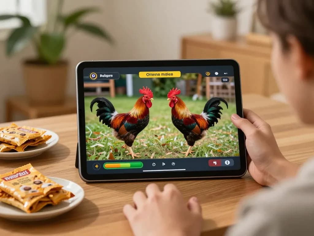 Engaging in đá gà trực tiếp xà xía with thrilling live streaming on tablet in cozy home setting.