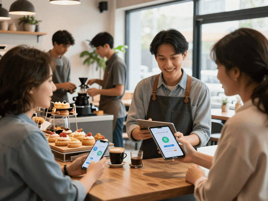 Loyalty application in action at a bustling cafe with owner and happy customer interacting happily.