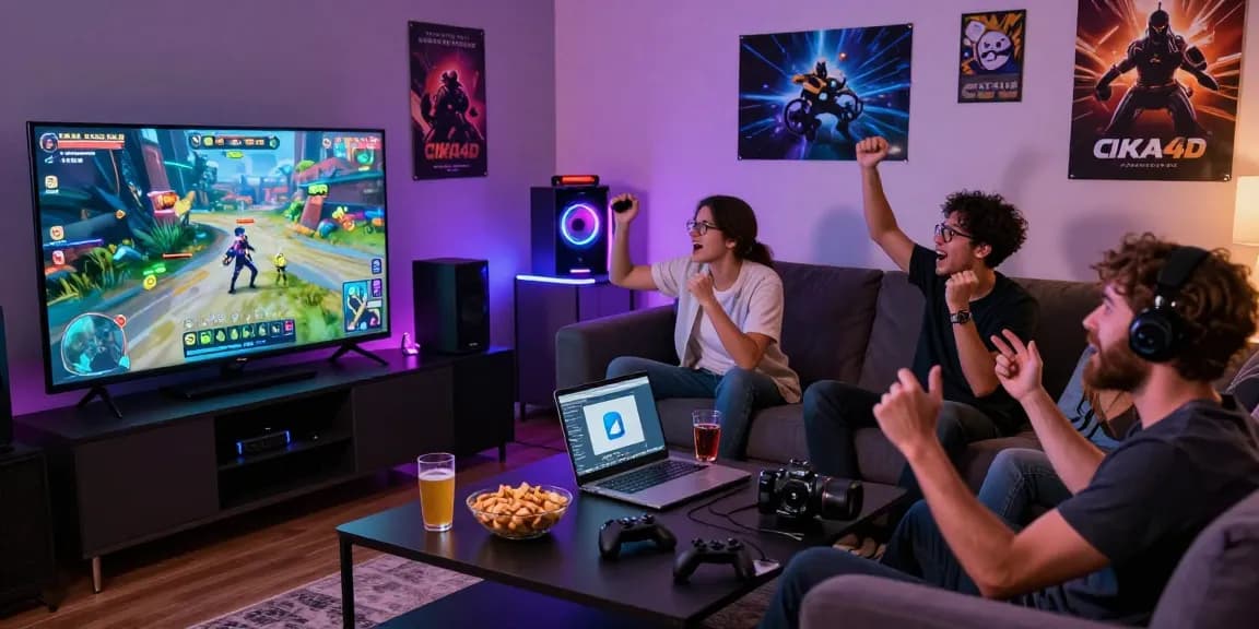Friends playing CIKA4D multiplayer game in a cozy living room setting.