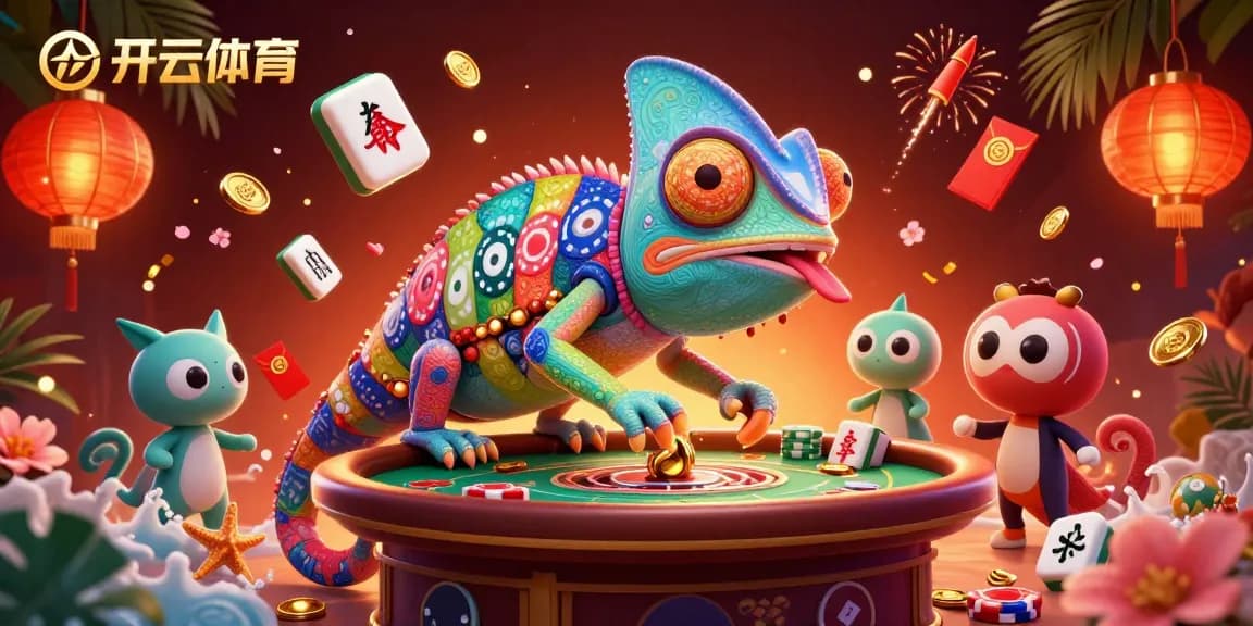 Experience the vibrant action of 开云体育 with a chameleon casino owner and festive game elements in a 3D illustration.