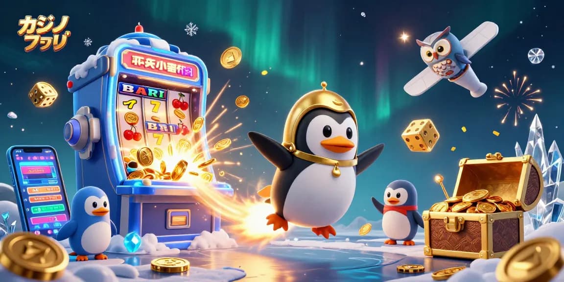 カジノアプリの魅力を伝える3Dイラスト、金色のペンギンとスロットマシンのシーン。