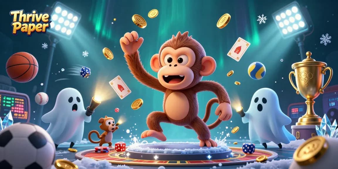 Join the thrilling gaming scene with Thrive Paper's vibrant casino illustration featuring a poltergeist monkey and ghost-hunter puppy.