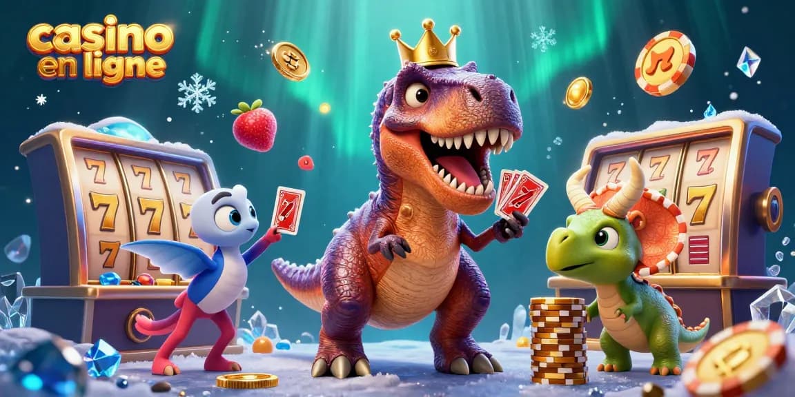 Illustration de casino en ligne avec T-Rex, assistants ptérosaures, et jetons d'or empilés.