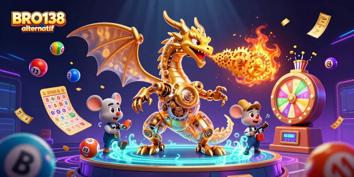 BRO138 alternatif showcases a vibrant 3D illustration of a golden dragon with gears, surrounded by dynamic lottery elements.
