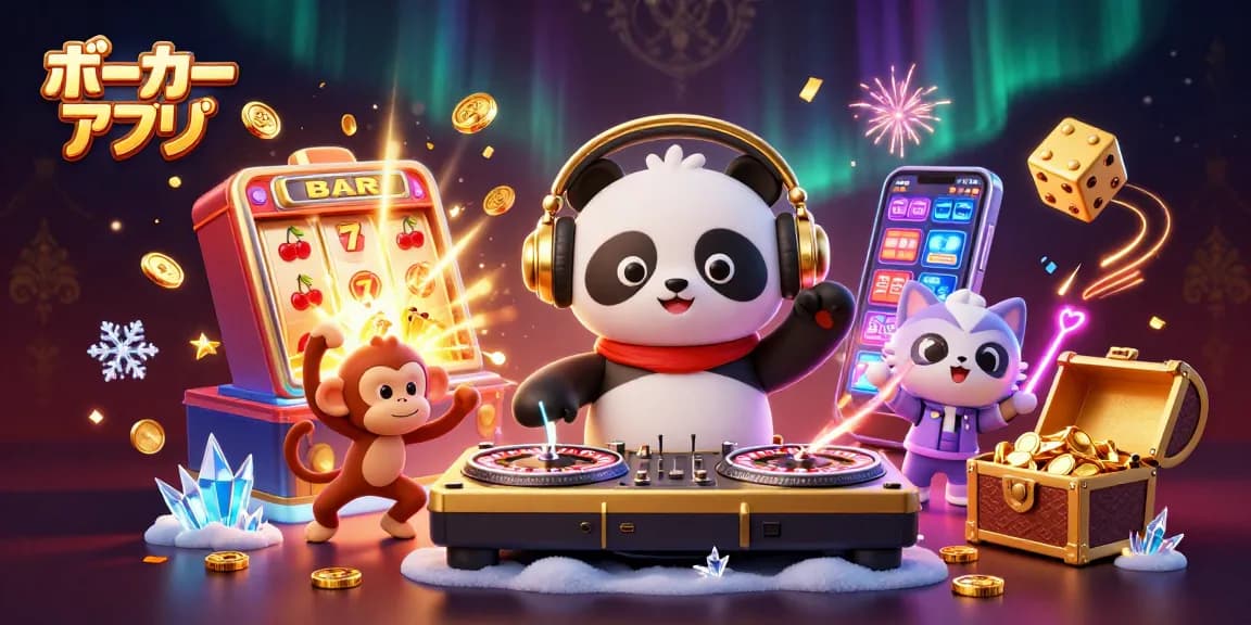 ポーカーアプリをテーマにした賑やかな3Dアートで、DJパンダがルーレットのターンテーブルを回し、ダンスフロアで踊る猿と光るスティックを持った子猫が登場。