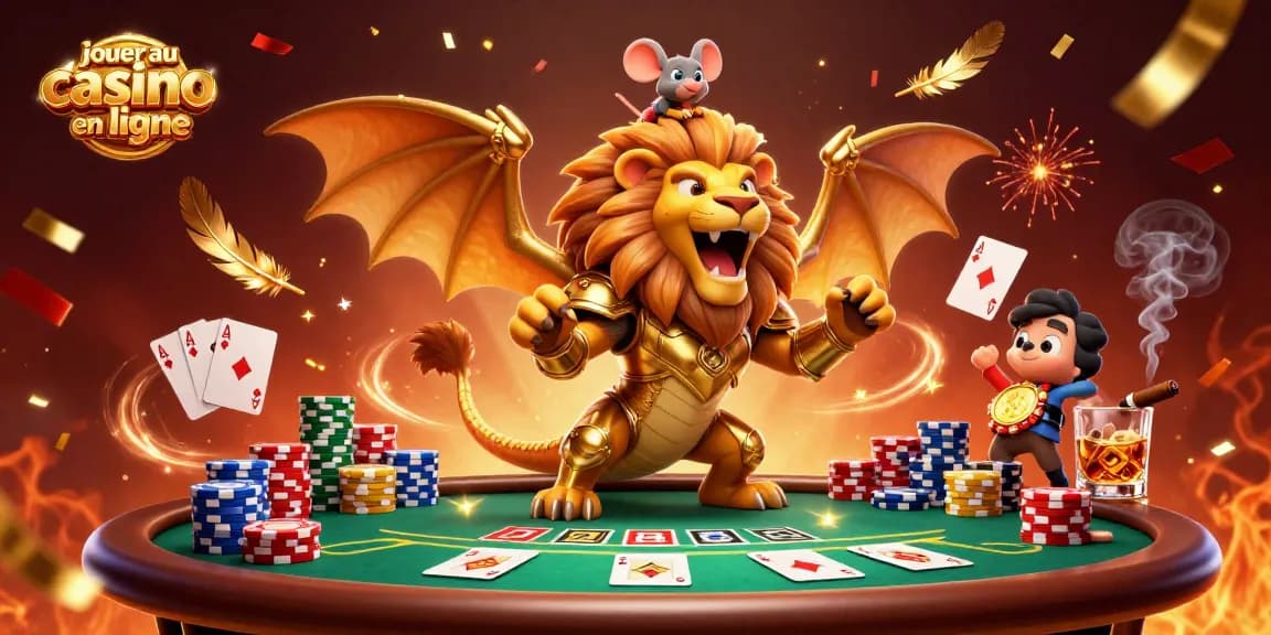 Jouer au casino en ligne avec une chimère dorée et un jockey, ambiance festive de poker