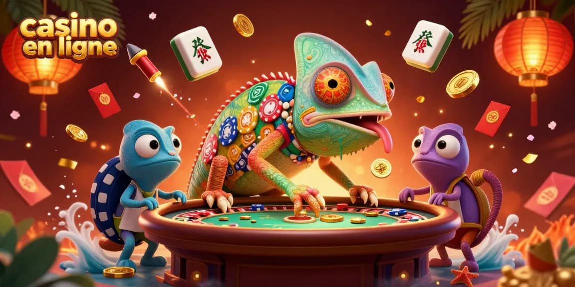 Illustration dynamique représentant le caméléon propriétaire de casino en ligne captivant l'attention des joueurs autour de jeux emblématiques.