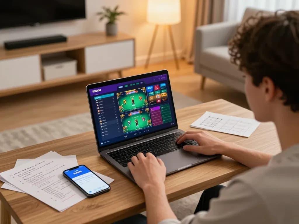 KPK100 user immersing in online poker gameplay, showcasing vibrant game interface and strategic notes