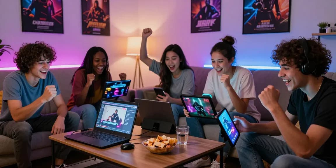 Engaged gamers enjoying porngames on various devices in a vibrant living room.