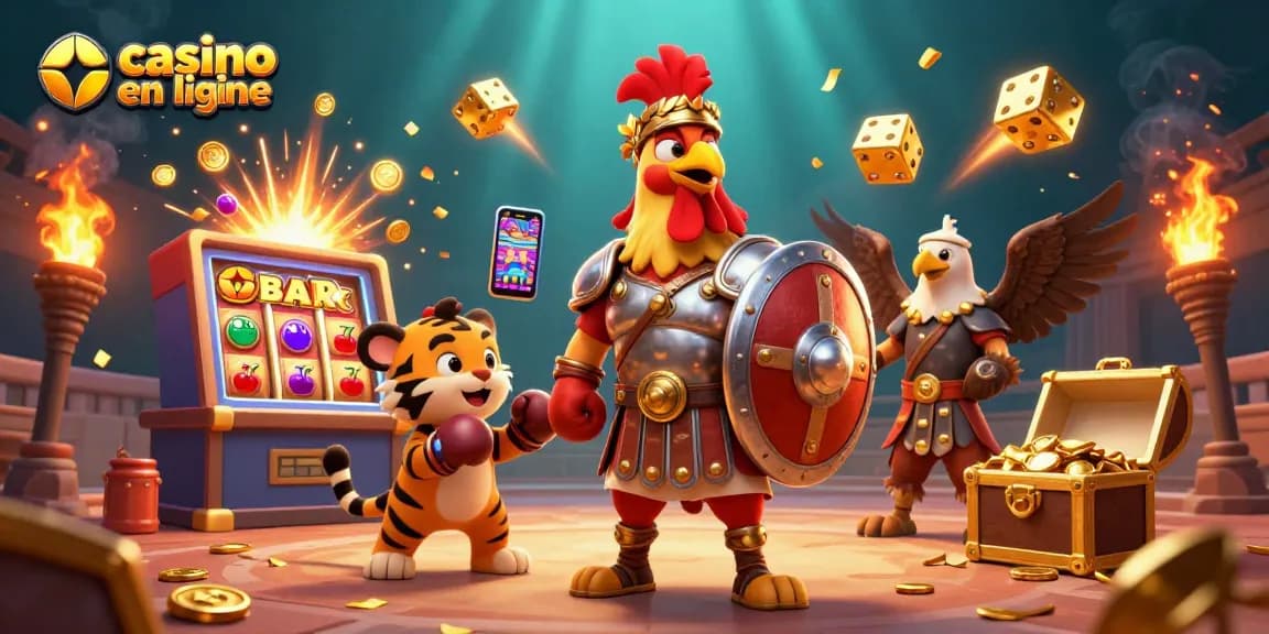 Amusez-vous avec le casino en ligne en voyant un coq gladiateur gagnant entouré de jackpots et de jeux colorés.