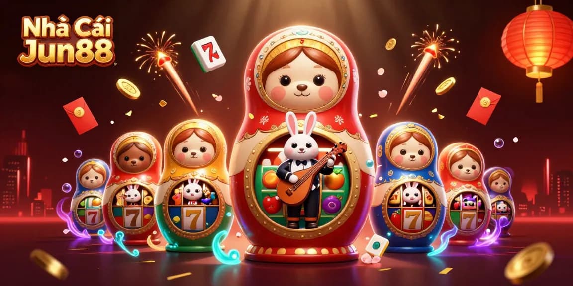 Engage with Nhà Cái Jun88's dynamic casino scene, featuring vibrant slot reels and festive elements.