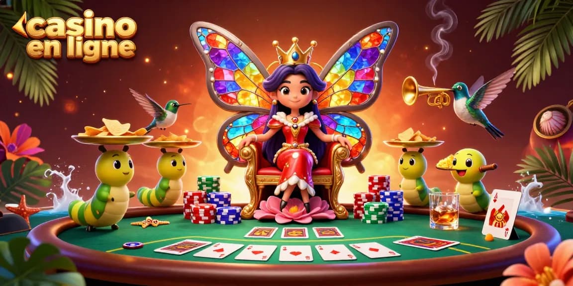 Illustration captivante de casino en ligne avec la reine papillon et des éléments de poker.