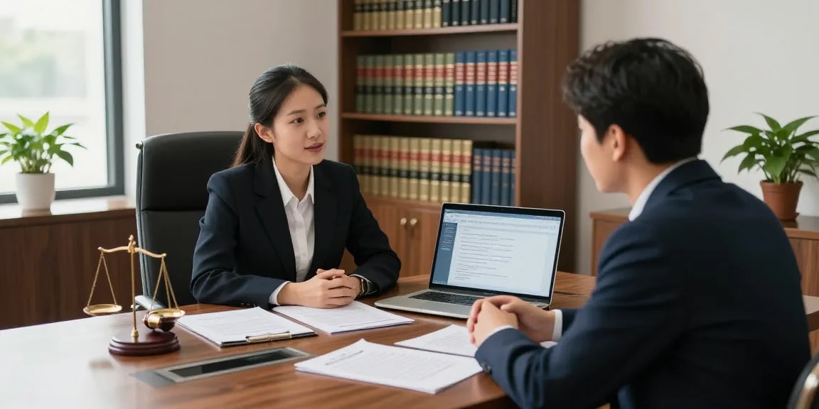 Experienced محامي جنائي في الرياض consulting a client in a professional office.