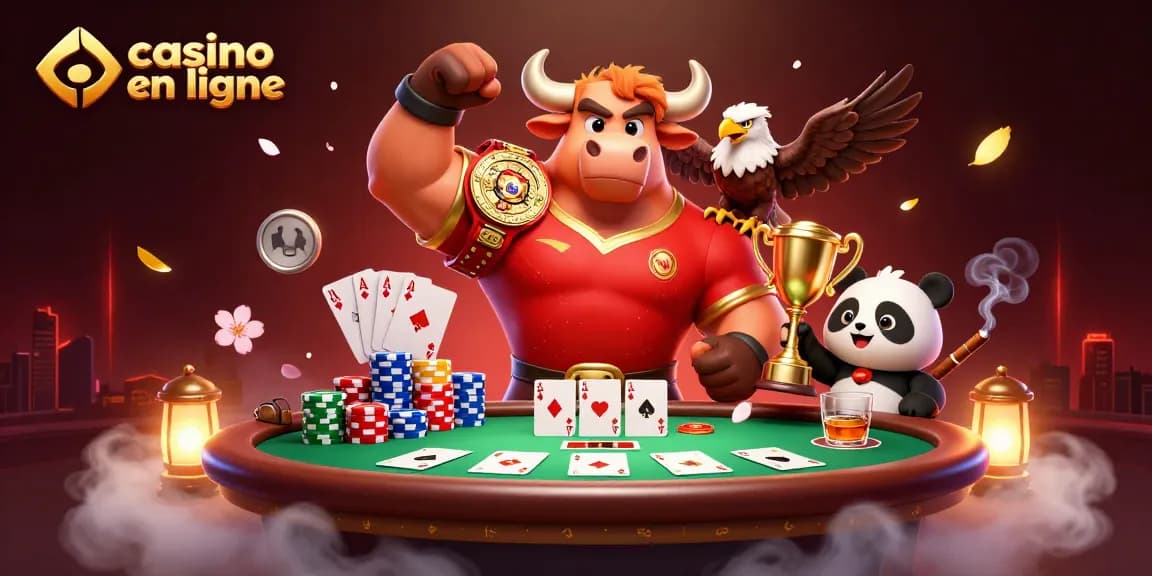 Visualisez l'action passionnante d'un casino en ligne avec un taureau, un aigle et un panda.