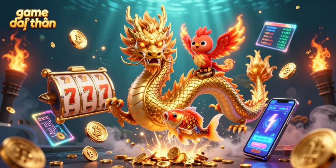 Experience the thrill of game đổi thưởng with a vibrant casino scene featuring a dragon, phoenix, and koi fish.