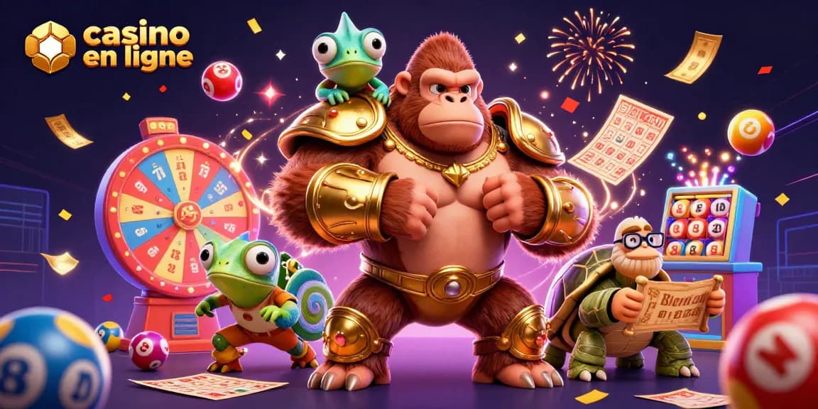 Jouer au casino en ligne avec une illustration animée d'un gorille roi et ses compagnons colorés.