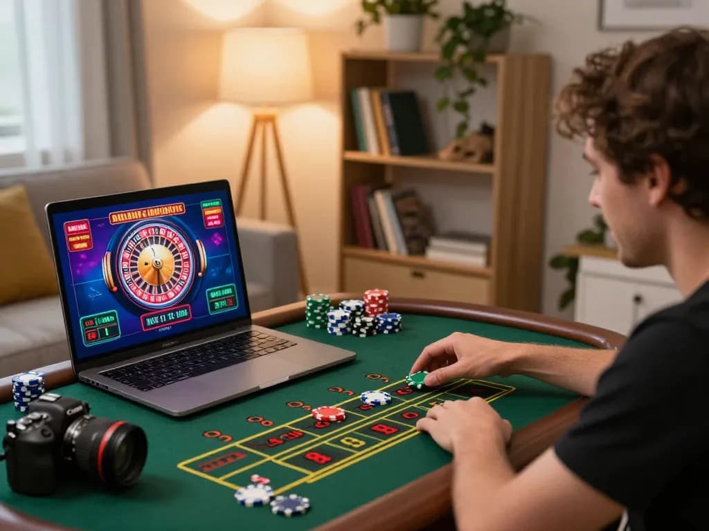 Playing an exciting live dealer game on 98win9's online casino platform in a cozy home setup.