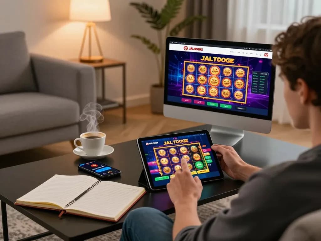 Momennya menarik dalam perjudian online dengan pengguna yang menjelajahi permainan slot Jalatogel di tablet di ruang tamu yang nyaman.