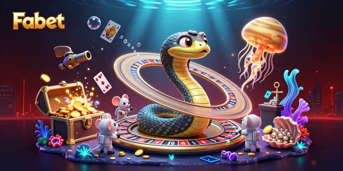 Fabet engages players with a thrilling roulette wheel featuring a Saturn ring snake amidst dynamic casino elements.