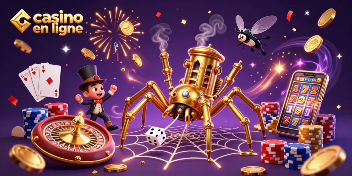 Jouer à casino en ligne avec un araignée steampunk et des pièces d'or scintillantes.