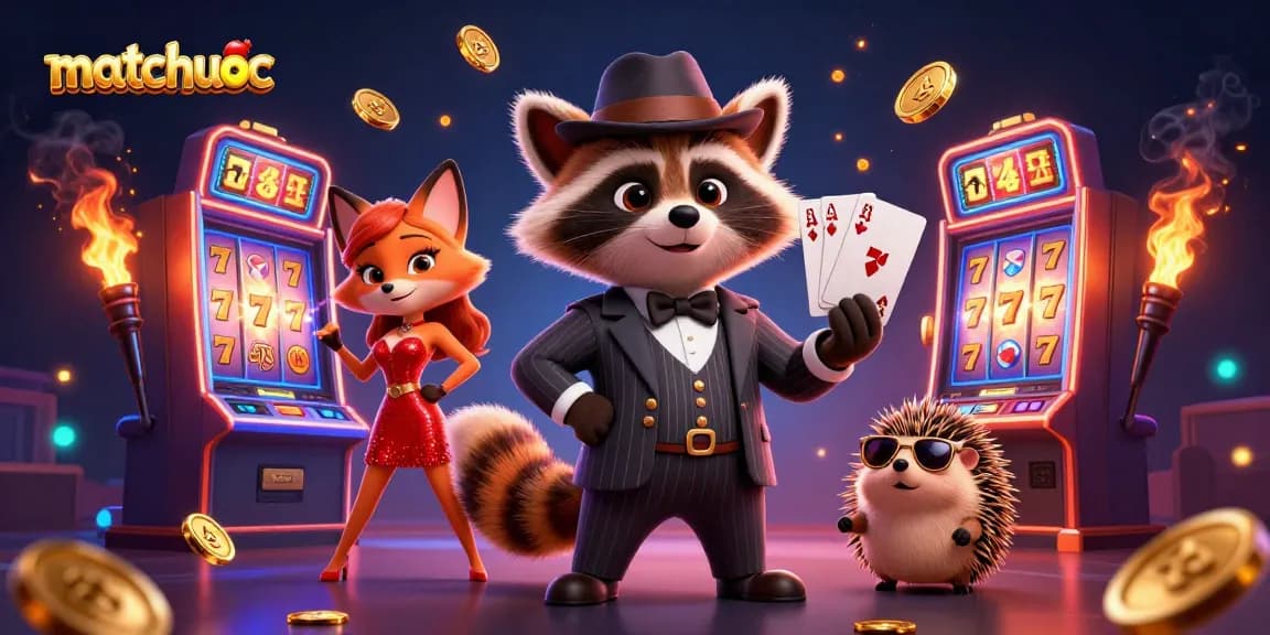 Experience the thrill of matchuoc with a charming raccoon, fox lady, and hedgehog bouncer in a lively casino scene.