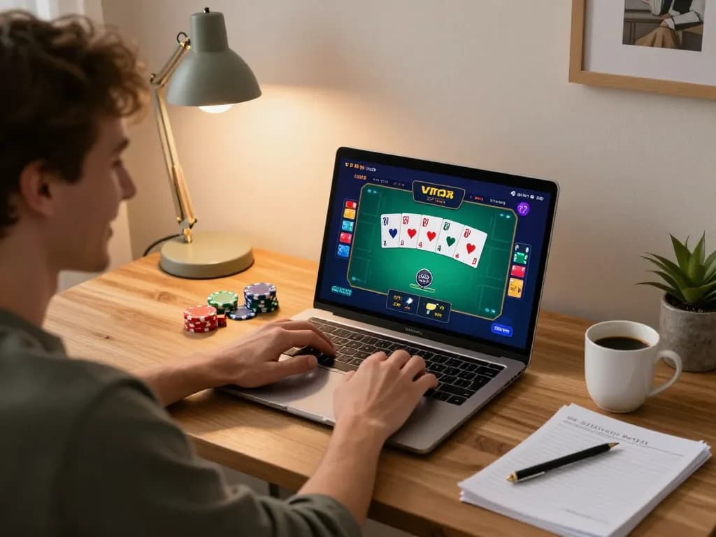 Engaging online poker session featuring Vmax ok on a laptop screen with colorful cards and chips.