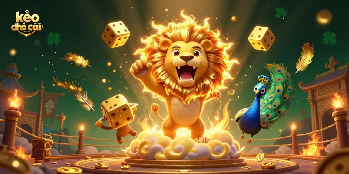 Engage with kèo nhà cái through this vibrant 3D illustration depicting a triumphant sun lion, golden dice, and dynamic casino elements.