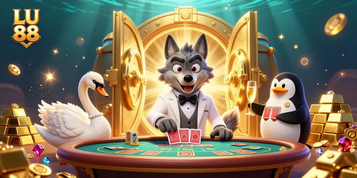 Experience the thrilling atmosphere of LU 88 casino, showcasing vibrant characters, gold treasures, and excitement.