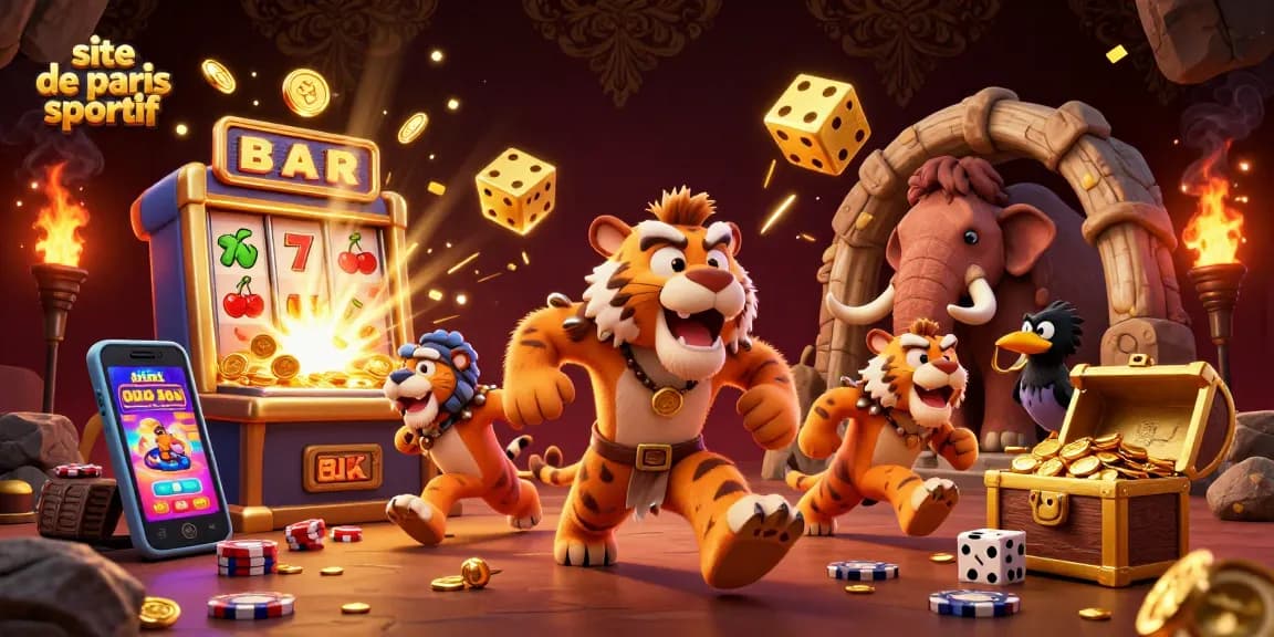 Visualisez un site de paris sportif captivant avec des personnages et des éléments de jeu animés.
